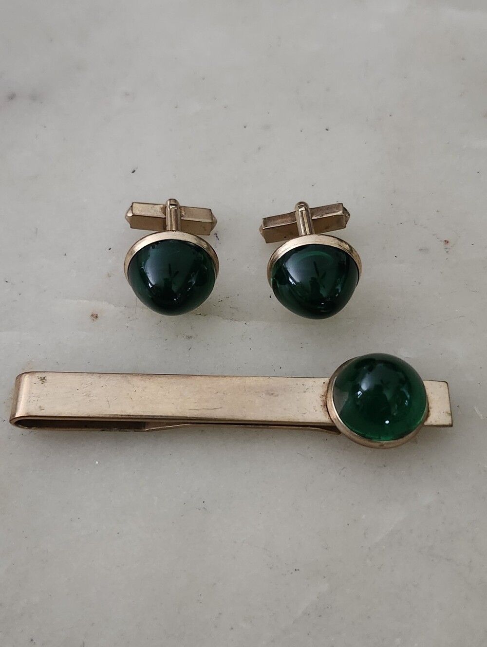MCM Gold-Tone Tie Clip and Cufflink Set with Green Cabochon